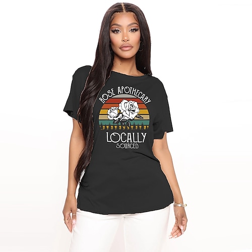 

Women's T shirt Graphic Rose Letter Print Round Neck Basic Tops Green Blue White
