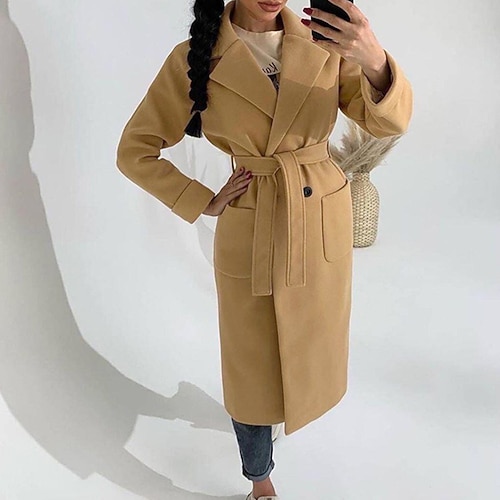 

Women's Coat Street Daily Going out Fall Spring Long Coat Regular Fit Windproof Warm Casual Streetwear Jacket Long Sleeve Plain Lace up Pocket Gray Khaki