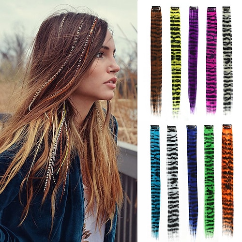 

5pcs/set Feather Hair Extension Fake Hair Clip In One Piece Rainbow Synthetic Hair 18inch Hairpiece For Women Girls