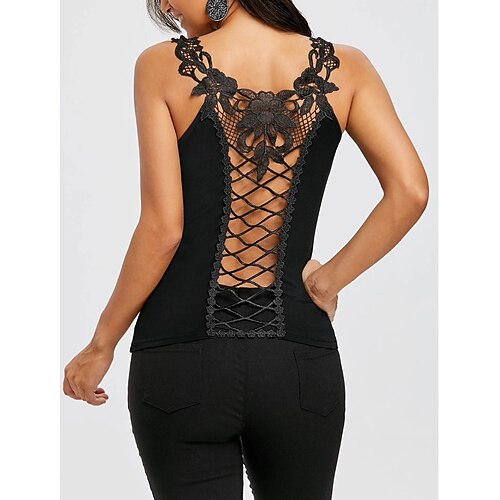

Women's Camis Black Plain Lace Patchwork Sleeveless Daily Going out Casual U Neck Regular S