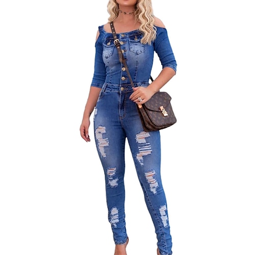 

Women's Jumpsuit Pocket Ripped Solid Color Square Neck Casual Street Daily Regular Fit Half Sleeve Blue S M L Spring