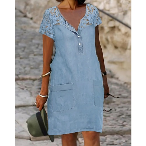 Women's Denim Dress Casual Dress Midi Dress Denim Casual Sexy Daily Vacation Crew Neck Lace Pocket Short Sleeve Fall Spring Summer 2023 Loose Fit Light Blue Floral Pure Color S M L XL XXL, lightinthebox  - buy with discount
