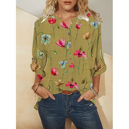 

Women's Shirt Flower Print Standing Collar Casual Tops Yellow / 3D Print