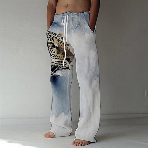 

Men's Fashion Designer Straight Trousers 3D Print Elastic Drawstring Design Front Pocket Pants Casual Daily Leopard Graphic Prints Comfort Soft Mid Waist Light Blue S M L XL XXL / Animal