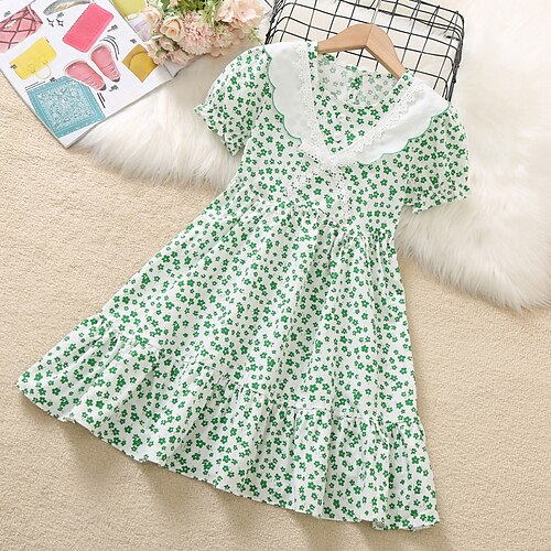 

Bambino Da ragazza Vestito Floreale Abito casual Al ginocchio Vestito Scuola Con balze Girocollo Manica corta Giornaliero Vestito 3-12 anni Estate Rosso Verde