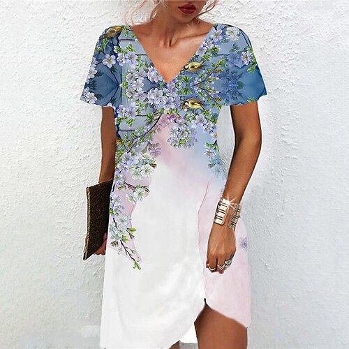 

Women's A Line Dress Short Mini Dress Blue Short Sleeve Floral Print Spring Summer V Neck Casual Vacation 2022 S M L XL XXL 3XL