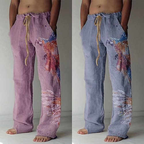 

Men's Trousers Summer Pants Beach Pants Straight Elastic Drawstring Design Front Pocket Straight Leg Animal Bird Graphic Prints Comfort Soft Casual Daily For Vacation Fashion Designer Blue Purple