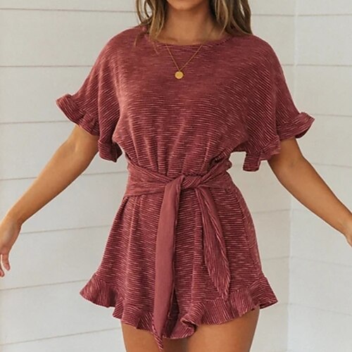 

Women's Romper Lace Ruffle Solid Color Crew Neck Casual Home Daily Regular Fit Short Sleeve Wine S M L Summer