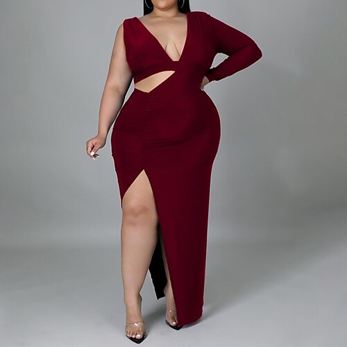 

Women's Plus Size Party Dress Solid Color V Neck Split Long Sleeve Fall Spring Sexy Prom Dress Maxi long Dress Party Date Dress