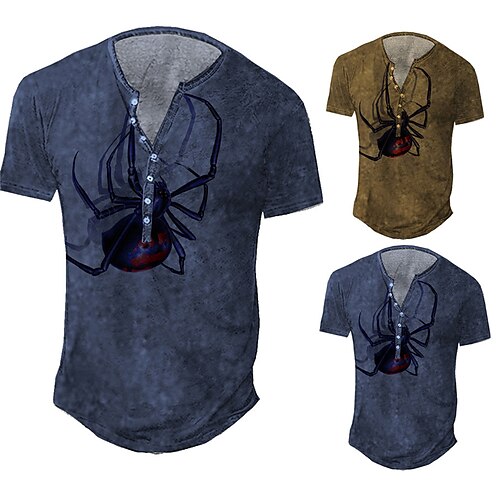 

Men's Henley Shirt Tee T shirt 3D Print Graphic Spider Insects Plus Size Henley Daily Sports Button-Down Print Short Sleeve Tops Basic Casual Classic Designer Blue Brown