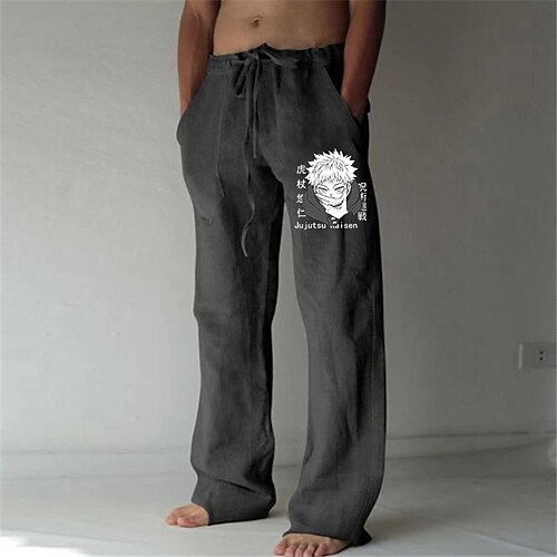 

Inspired by Demon Slayer: Kimetsu no Yaiba Yuji Itadori Linen Pants Straight Trousers Cotton Blend Anime Elastic Drawstring Design Front Pocket Pants For Men's