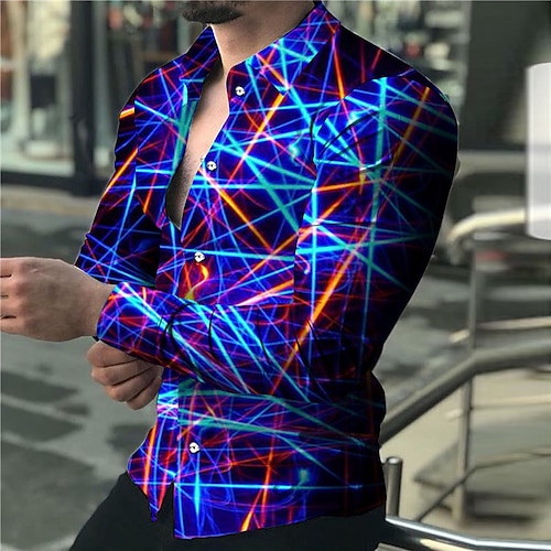 Men's Shirt Linear Turndown Green Blue Pink Yellow Gray 3D Print Outdoor Street Long Sleeve Button-Down Print Clothing Apparel Fashion Designer Casual Breathable / Summer / Spring / Summer, lightinthebox  - buy with discount