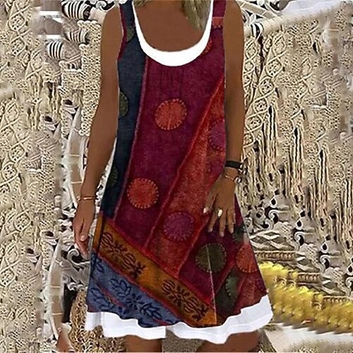 

Women's Shift Dress Knee Length Dress Blue Gray Khaki Red Sleeveless Print Print Spring Summer Crew Neck Casual Under 10 S M L XL XXL 3XL 4XL 5XL