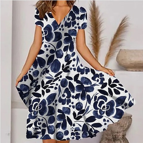 

Mujer Vestido de Columpio Vestido Midi Azul Piscina Manga Corta Floral Estampado Primavera Verano Escote en Pico 2022 S M L XL XXL 3XL