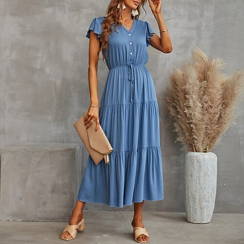 

Women's Sheath Dress Maxi long Dress Blue Wine Dark Green Short Sleeve Solid Color Ruched Button Summer V Neck Stylish Casual Cap Sleeve 2022 S M L XL