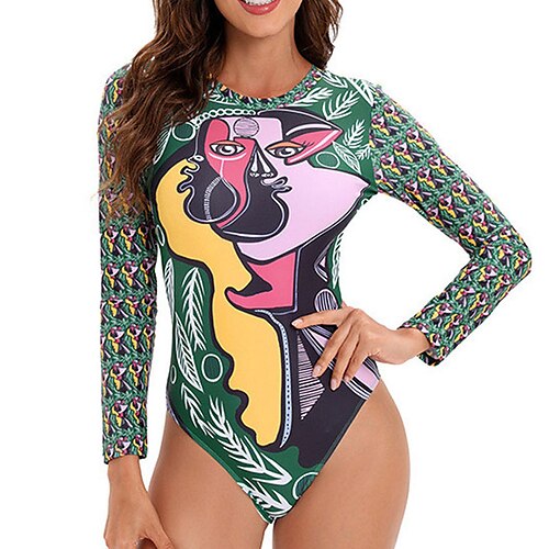 

Women's Swimwear Rash Guard Diving Normal Swimsuit Tummy Control Open Back Printing High Waisted Abstract Green Scoop Neck Bathing Suits New Vacation Fashion / Modern / Padded Bras