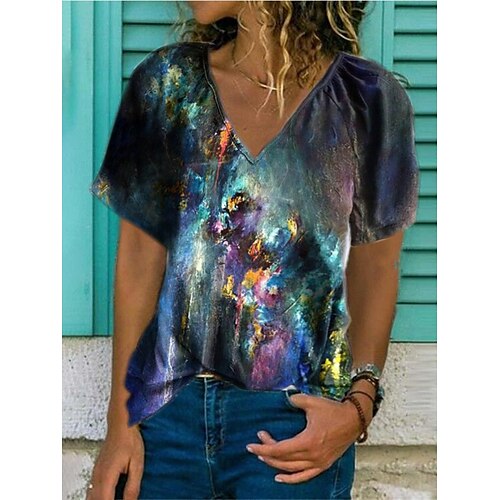 

Women's T shirt Tee Navy Blue Graphic Galaxy Patchwork Print Short Sleeve Casual Going out Vintage Ethnic Beach V Neck Regular Geometric Painting S / 3D Print