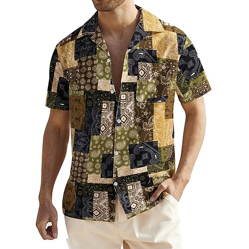 

Men's Casual Shirt Shirt 3D Print Vintage Turndown Daily Holiday 3D Print Short Sleeve Tops Color Block Casual Classic Light Yellow