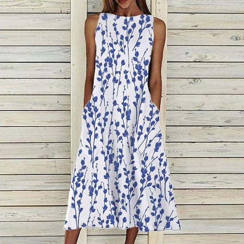 

Damen Casual kleid Midikleid Blau Ärmellos Blumen Tasche Frühling Sommer Rundhalsausschnitt Casual Wochenende 2023 S M L XL XXL