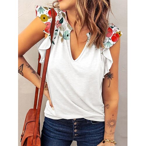 

Women's Tank Top White Floral Ruffle Print Sleeveless Casual Basic V Neck Regular S / 3D Print