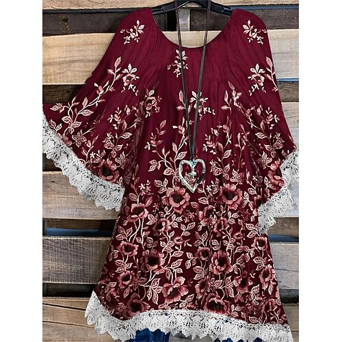 

Women's Plus Size Tops T shirt Floral Print 3/4 Length Sleeve Crewneck Streetwear Daily Going out Polyester Spring Summer Blue Red