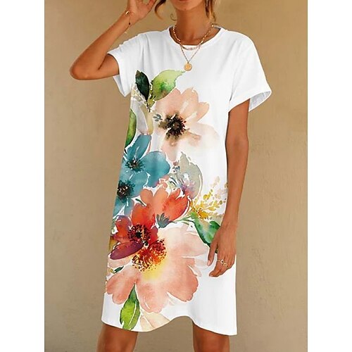 

Women's A Line Dress Short Mini Dress White Short Sleeve Floral Ruched Print Spring Summer Crew Neck Elegant Casual 2022 S M L XL XXL 3XL