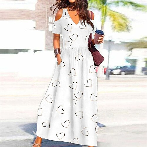 

Women's A Line Dress Maxi long Dress White Short Sleeve Heart Pocket Cold Shoulder Print Spring Summer V Neck Work Elegant Vacation 2022 S M L XL XXL