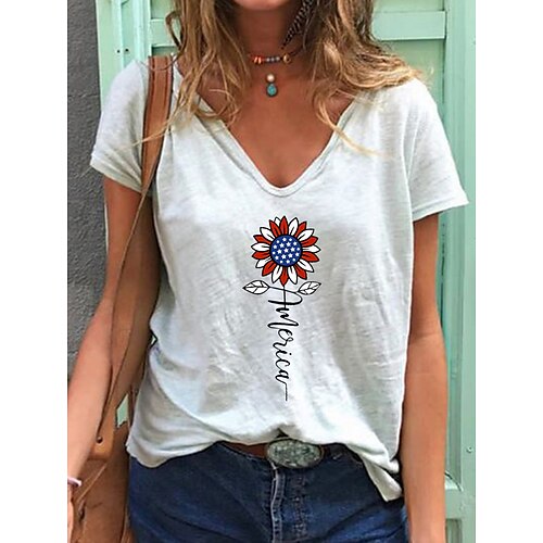 

Women's T shirt Floral Plants Print V Neck Basic Tops White