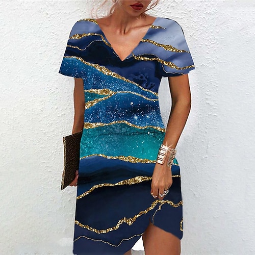 

Women's A Line Dress Short Mini Dress Blue Short Sleeve Print Color Block Print Spring Summer V Neck Casual Vacation 2022 S M L XL XXL 3XL