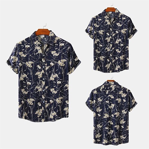 

Men's Shirt 3D Print Floral Graphic Turndown Casual Daily Button-Down Print Short Sleeve Tops Fashion Classic Breathable Comfortable Navy Blue