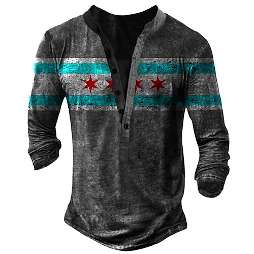 

Men's T shirt Tee Henley Shirt Graphic Star Striped Henley Dark Gray 3D Print Street Casual Long Sleeve Button-Down Print Clothing Apparel Basic Fashion Classic Comfortable / Sports