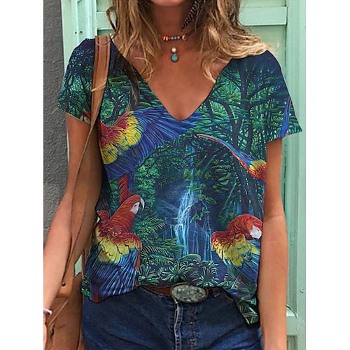 

Mulheres Camiseta Verde Claro Verde Tropa Vermelho Tropical Imprimir Manga Curta Casual Feriado Tropical Decote V Padrão Borboleta Flamingo Pintura S