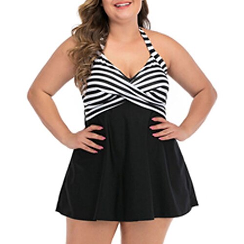 

Women's Swimwear Tankini 2 Piece Plus Size Swimsuit Backless Ruched Print Striped Black Blue Halter V Wire Bathing Suits New Casual Vacation / Modern / Padded Bras