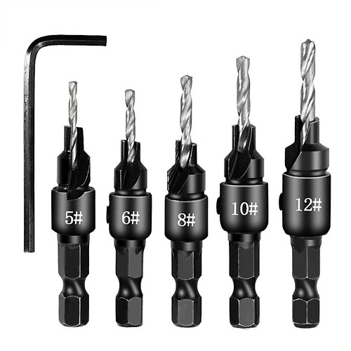 

5pcs HSS Drill Bits 1/4 Hex Shank Countersunk Tapper Tool Woodworking Wood Pilot Hole Size #6 #8 #10 #12 #14 With 1 Wrench