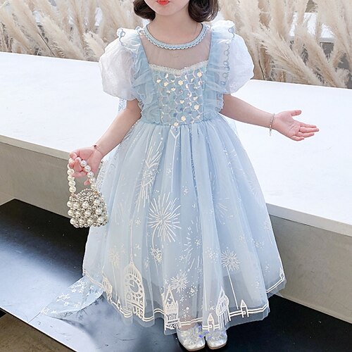 

Kids Little Girls' Dress Graphic Snowflake A Line Dress Wedding Christening dress Sequins Ruched Mesh Blue Maxi Short Sleeve Princess Cute Dresses Spring Summer Regular Fit 2# 2-8 Years