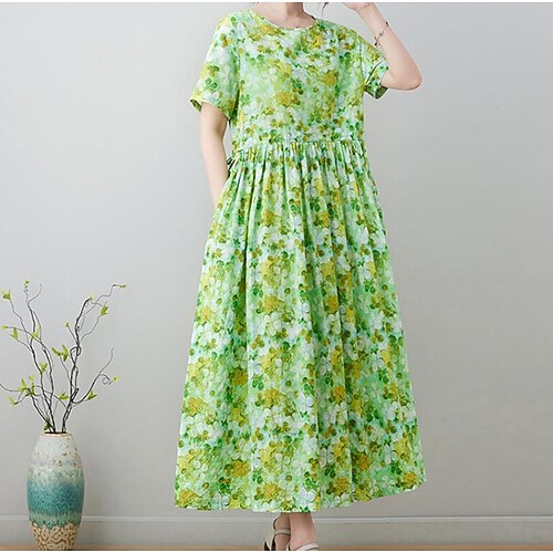

Women's Shift Dress Maxi long Dress Green Short Sleeve Floral Print Print Summer Crew Neck Vintage Linen M L XL XXL