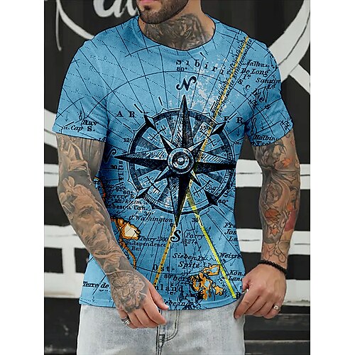 

Men's Tee T shirt 3D Print Graphic Prints Compass Round Neck Daily Holiday Print Short Sleeve Tops Casual Designer Big and Tall Green Blue Gray / Summer