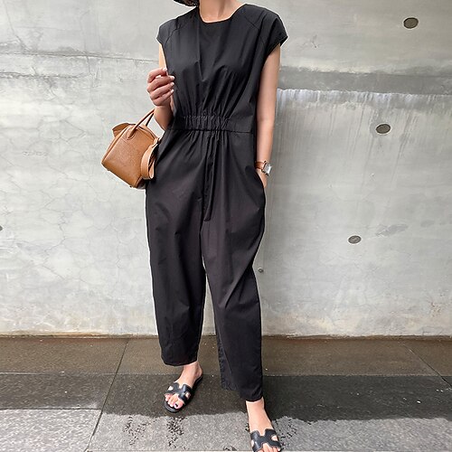 

Women's Jumpsuit Pocket Solid Color Crew Neck Elegant Party Street Regular Fit Short Sleeve Black S M L Spring