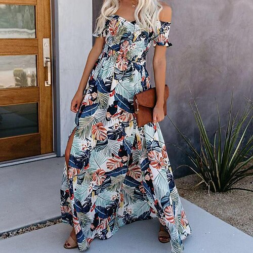 

Women's Swing Dress Midi Dress Dark Blue Short Sleeve Floral Split Print Spring Summer Off Shoulder Casual 2022 S M L XL