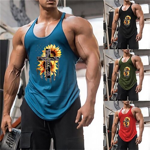 

Men's Tank Top Vest Hot Stamping Graphic Prints Sunflower Cross Plus Size Crew Neck Daily Sports Print Sleeveless Tops Fashion Classic Designer Hawaiian Blue Black Gray