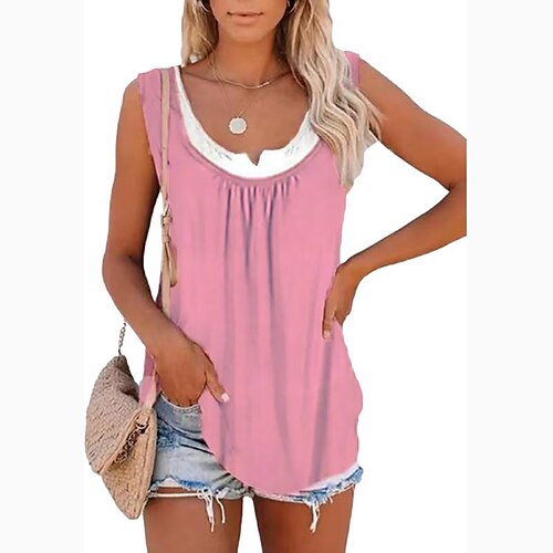 

summer women's top solid color stitching sleeveless faux-two-piece pleated vest t-shirt