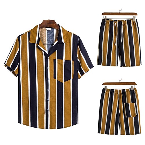 

Men's Set Shirt Print Geometry Zebra Classic Collar Outdoor Weekend Print Short Sleeve Tops 2pcs Beach Boho Yellow Summer Shirt