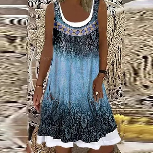 

Women's A Line Dress Knee Length Dress Light Blue Sleeveless Floral Fake two piece Print Spring Summer Round Neck Casual Vintage 2022 S M L XL XXL