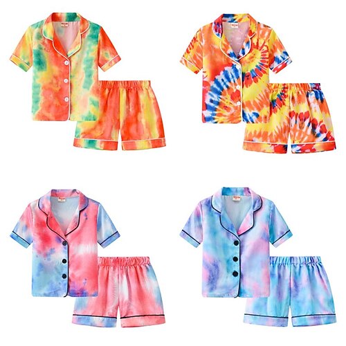 

2 Pieces Kids Boys Shirt & Shorts Clothing Set Outfit Tie Dye Short Sleeve Patchwork Cotton Set Indoor Daily Casual Spring Summer 2-6 Years Green Blue Pink