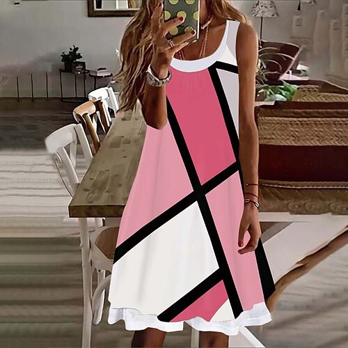 

Women's Casual Dress Shift Dress Midi Dress Blue Purple Pink Sleeveless Color Block Print Spring Summer Crew Neck Weekend Under 10 S M L XL XXL 3XL 4XL 5XL