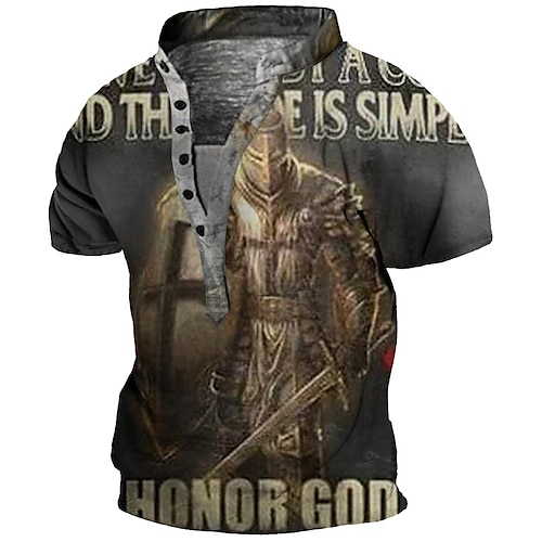 

Men's Henley Shirt Tee T shirt 3D Print Graphic Soldier Letter Plus Size Stand Collar Daily Sports Button-Down Print Short Sleeve Tops Basic Casual Designer Big and Tall Gray