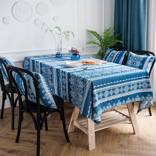 

gårdsduk blå bomullslin duk pastoral boho bordtrekk rynkebestandig for innendørs utendørs buffetfester, feriemiddag