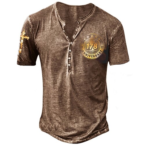 

Men's Henley Shirt Tee T shirt 3D Print Graphic Letter Plus Size Henley Daily Sports Button-Down Print Short Sleeve Tops Basic Casual Designer Big and Tall Light Brown