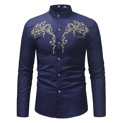 

Men's Shirt Dress Shirt Floral Stand Collar Wine Navy Blue White Black Outdoor Street Long Sleeve Embroidered Button-Down Clothing Apparel Fashion Streetwear Cool Casual / Summer / Spring / Summer