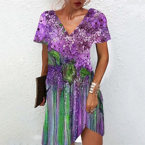 

Women's A Line Dress Short Mini Dress Purple Short Sleeve Floral Print Spring Summer V Neck Casual Vacation 2022 S M L XL XXL 3XL
